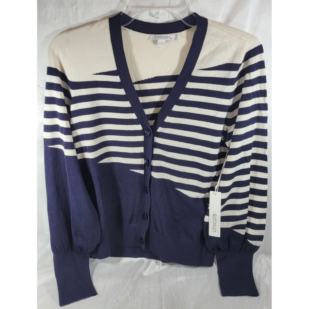 Chico's Mixed Stripe Knit Cardigan Sweater w/ Balloon Sleeves - Navy - Sz 0 (S)
